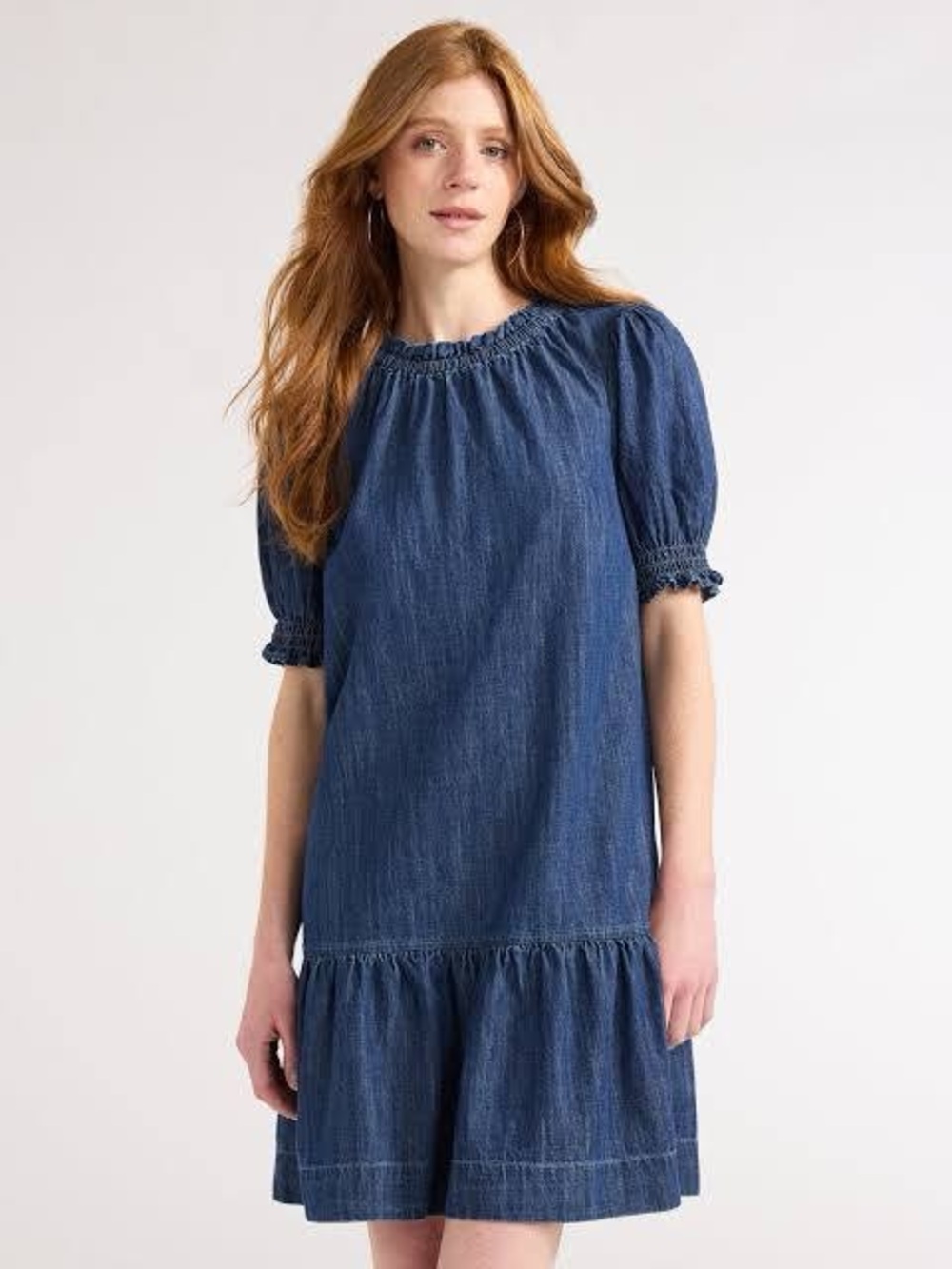 Smocked Neck Denim Mini Dress - lightweight denim, Size XSmall
